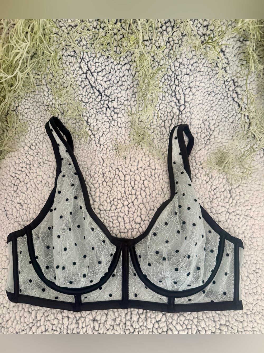 Victoria's Secret Sheer Polka Dot Lace Underwire Bra - White with Black Trim
